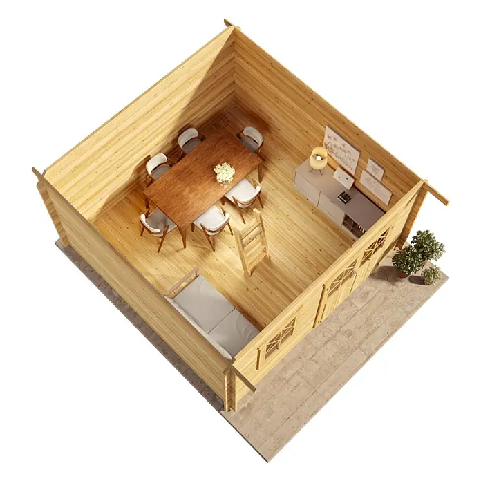 Alpholz Gartenhaus Schwedenhaus - Außenmaß inkl. Dachüberstand (B x T): 462 x 472 cm, Holz, Pinie - Heller Holz-Blockhütten-Innenraum mit Ess-, Arbeits- und Schlafbereichen für vielseitige Nutzung.