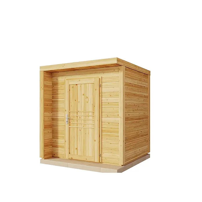 Alpholz Gerätehaus Bratek - Außenbreite inkl. Dachüberstand: 204 cm, Außentiefe inkl. Dachüberstand: 202 cm, Holz, Naturbelassen - Helles Gartenhaus aus Naturholz mit Einzeltür und Flachdach auf Betonfundament.