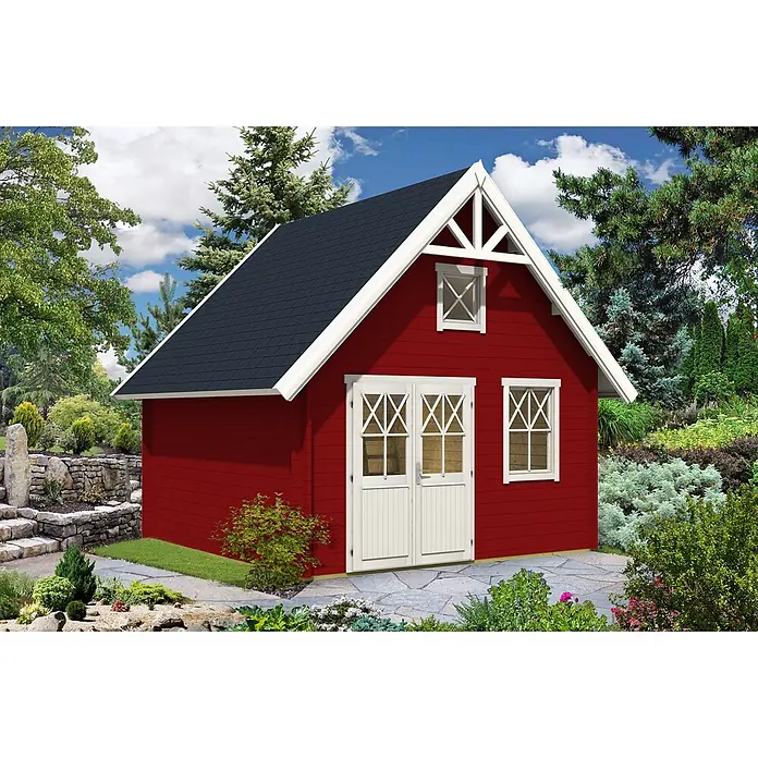 Alpholz Gartenhaus Schwedenhaus - Außenmaß inkl. Dachüberstand (B x T): 462 x 472 cm, Holz, Pinie - Roter Gartenpavillon mit dunklem Dach und weißen Zierleisten, Türen und Fenstern, in einem grünen Garten.