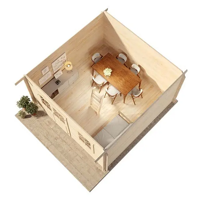 Alpholz Gartenhaus Schwedenhaus - Außenmaß inkl. Dachüberstand (B x T): 462 x 472 cm, Holz, Pinie - Heller Holzhütten-Innenraum, eingerichtet mit Esstisch, Stühlen, Schreibtisch und Einzelbett.