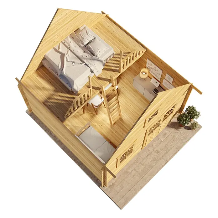 Alpholz Gartenhaus Schwedenhaus - Außenmaß inkl. Dachüberstand (B x T): 462 x 472 cm, Holz, Pinie - Helles Holz, mehrstöckiges Hütteninterieur von oben, mit Schlafbereichen und Schreibtisch.