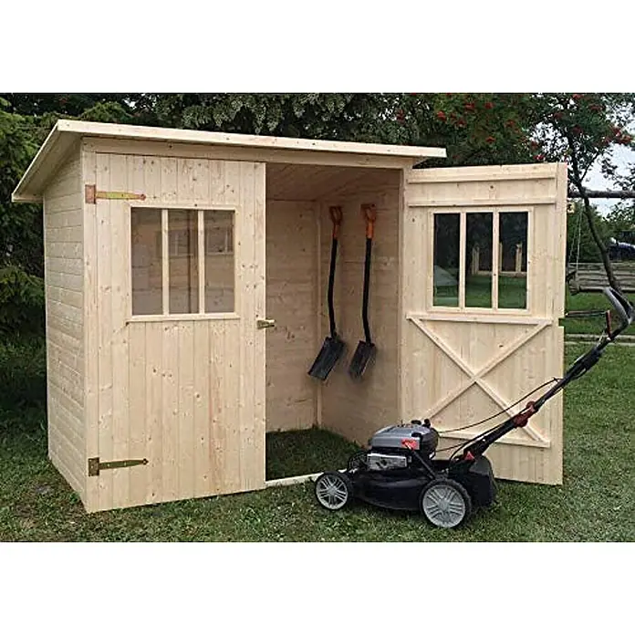 Alpholz Gerätehaus Zimowit - Außenbreite inkl. Dachüberstand: 223 cm, Außentiefe inkl. Dachüberstand: 149 cm, Holz, Naturbelassen - Heller Holz-Gartenschuppen mit offenen Türen, zeigt Schaufeln innen und Rasenmäher außen. Ideal zur Werkzeugaufbewahrung.