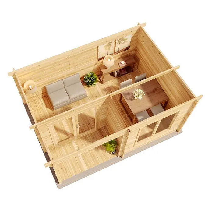 Alpholz Gartenhaus Orkus Petite - Außenmaß inkl. Dachüberstand (B x T): 490 x 370 cm, Holz, Pinie - Luftaufnahme eines hellen Holzblockhaus-Innenraums mit Wohn- und Essbereich.