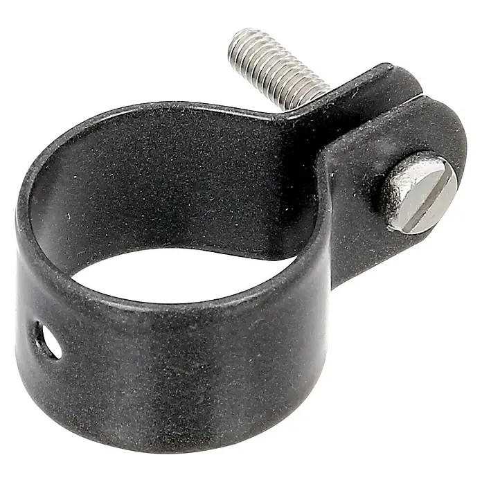 Alberts Strebenschelle - Anthrazit, Passend für: Pfosten mit Ø 34 mm - Nahaufnahme einer Rohrschelle mit Schraube zur Befestigung von Rohren oder Kabeln, ideal für Installationsarbeiten.