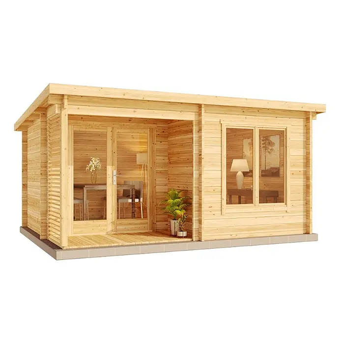 Alpholz Gartenhaus Orkus Petite - Außenmaß inkl. Dachüberstand (B x T): 490 x 370 cm, Holz, Pinie - Gartenhaus aus hellem Naturholz mit Flachdach, Veranda, doppelter Glastür und großen Fenstern, innen eingerichtet.
