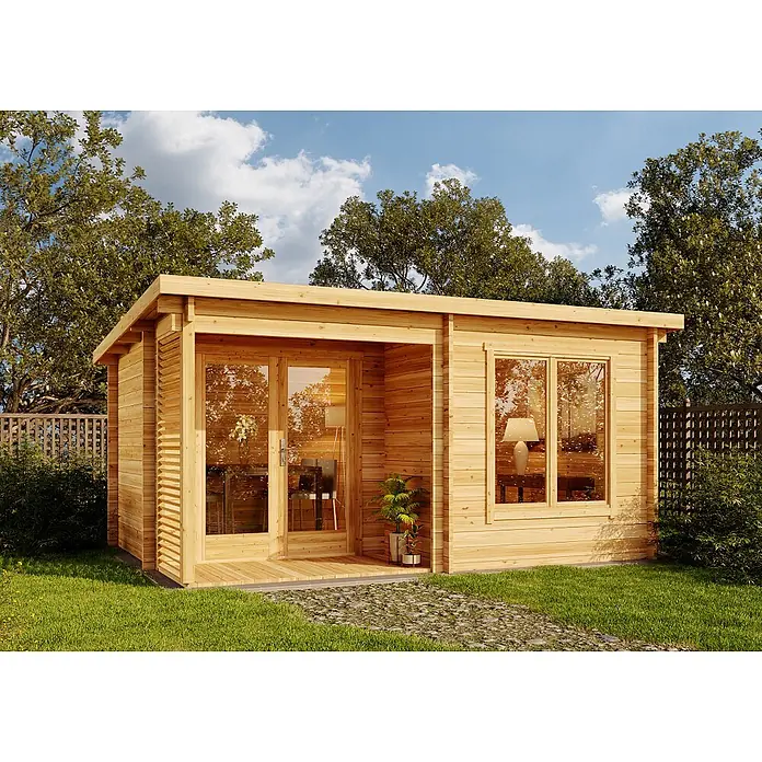 Alpholz Gartenhaus Orkus Petite - Außenmaß inkl. Dachüberstand (B x T): 490 x 370 cm, Holz, Pinie - Gartenhaus aus hellem Holz mit Flachdach, großen Fenstern und Glastür.