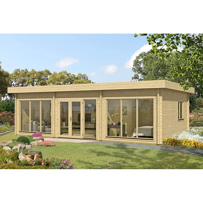 Alpholz Gartenhaus Campus - Außenmaß inkl. Dachüberstand (B x T): 933 x 586 cm, Holz, Naturbelassen - Garten-Blockhütte aus Naturholz mit mehreren Räumen und großen Fenstern in einem üppigen Garten.
