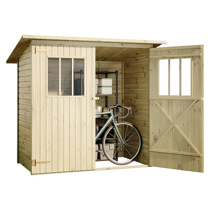Alpholz Gerätehaus Zimowit - Außenbreite inkl. Dachüberstand: 223 cm, Außentiefe inkl. Dachüberstand: 149 cm, Holz, Naturbelassen - Heller Holzschuppen mit offenen Türen, zeigt ein Fahrrad und Regale innen.