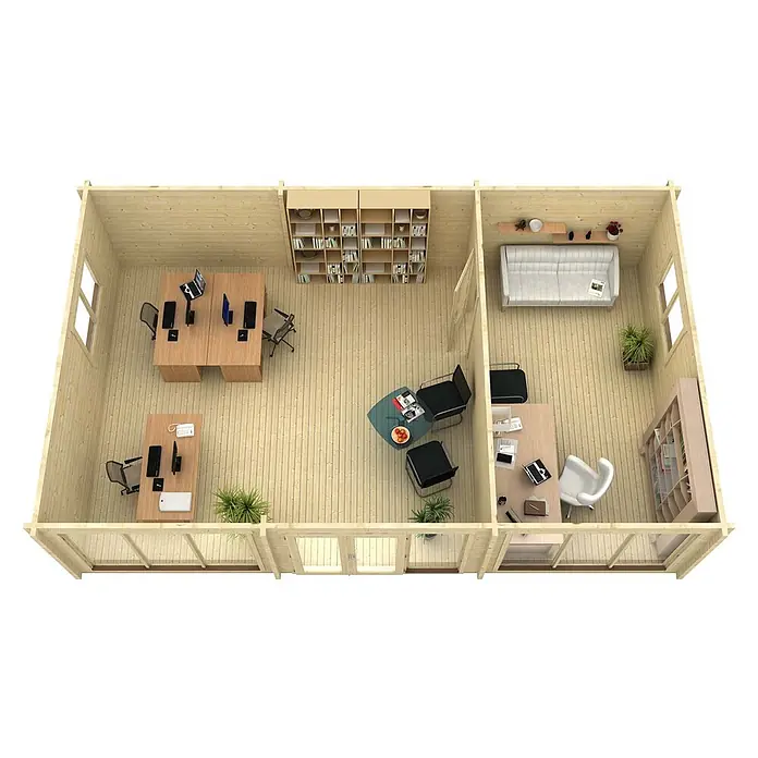 Alpholz Gartenhaus Campus - Außenmaß inkl. Dachüberstand (B x T): 933 x 586 cm, Holz, Naturbelassen - Draufsicht auf ein helles Holz-Blockhaus-Interieur mit Büroarbeitsplätzen und Lounge-Bereich.