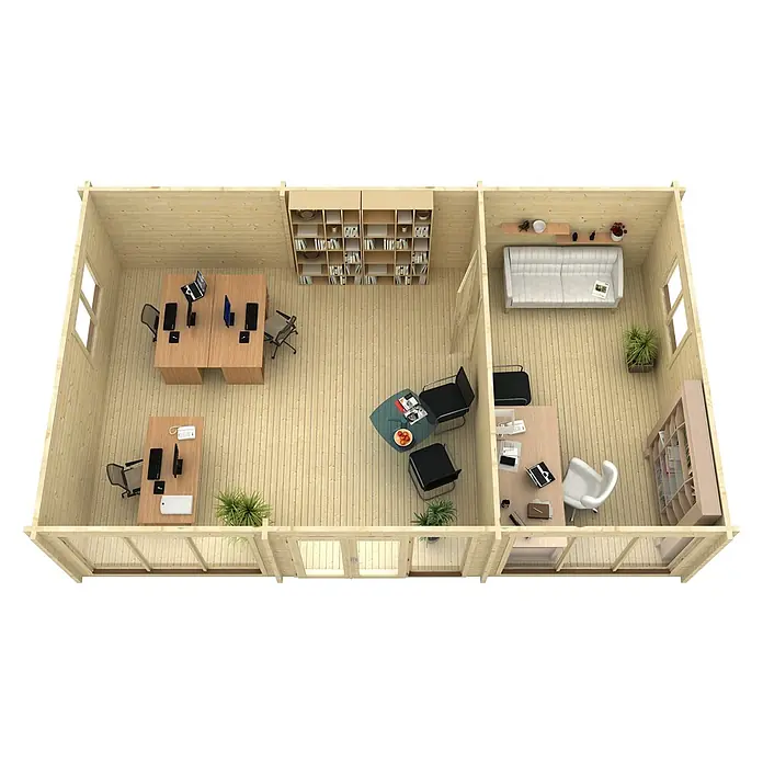 Alpholz Gartenhaus Campus - Außenmaß inkl. Dachüberstand (B x T): 933 x 586 cm, Holz, Naturbelassen - Helles Holz-Gartenbüro mit mehreren Räumen, Arbeitsplätzen, Besprechungs- und Loungebereich.