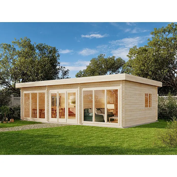 Alpholz Gartenhaus Campus - Außenmaß inkl. Dachüberstand (B x T): 933 x 586 cm, Holz, Naturbelassen - Helles Holz-Gartenhaus mit Glastüren, das Innenbereiche (Lounge/Essplatz) zeigt.