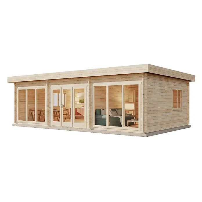 Alpholz Gartenhaus Campus - Außenmaß inkl. Dachüberstand (B x T): 933 x 586 cm, Holz, Naturbelassen - Gartenhaus/Büro aus hellem Holz mit großen Glastüren und Fenstern, mit möbliertem Interieur.