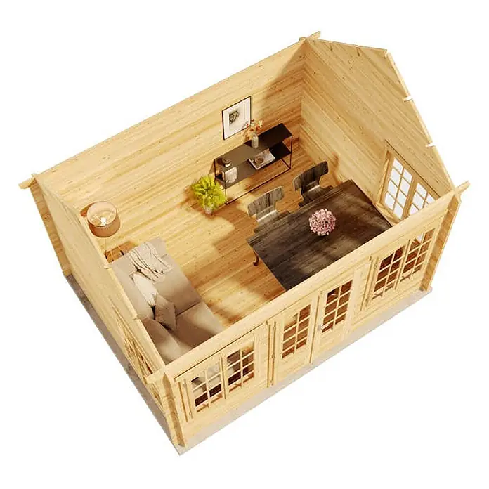 Alpholz Gartenhaus CLOCKHOUSE® Royal - Außenmaß inkl. Dachüberstand (B x T): 444 x 354 cm, Holz, Naturbelassen - Geräumiger heller Holz-Hütteninnenraum mit Sofa, Lampe, Konsole und dunklem Esstisch mit Stühlen für Wohn- und Essbereich.