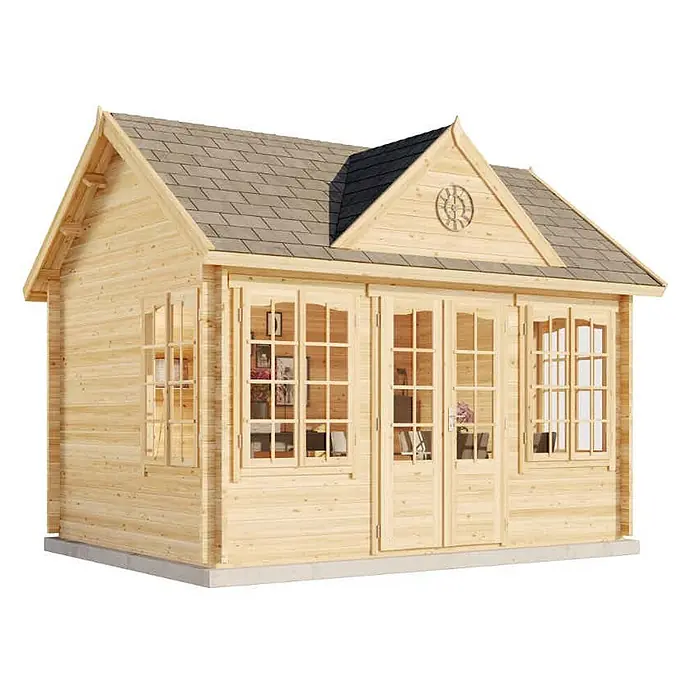 Alpholz Gartenhaus CLOCKHOUSE® Royal - Außenmaß inkl. Dachüberstand (B x T): 444 x 354 cm, Holz, Naturbelassen - Gartenhaus aus hellem Naturholz mit Giebeldach, mehreren Fenstern und Doppeltüren.