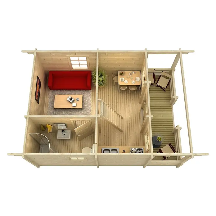 Alpholz Gartenhaus Lillehammer - Außenmaß inkl. Dachüberstand (B x T): 553 x 746 cm, Holz, Naturbelassen - Möblierter Blockhaus-Grundriss, Draufsicht. Zeigt helles Holz, rotes Sofa, Essbereich, Küche, Bad und eine Außenterrasse.