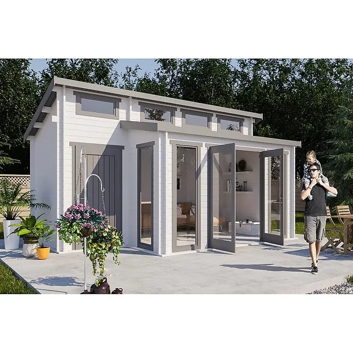 Alpholz Gartenhaus Lausitz - Außenmaß inkl. Dachüberstand (B x T): 590 x 440 cm, Holz, Pinie - Modernes weißes Gartenbüro mit grauem Rahmen und Glastüren in einem sonnigen Garten.