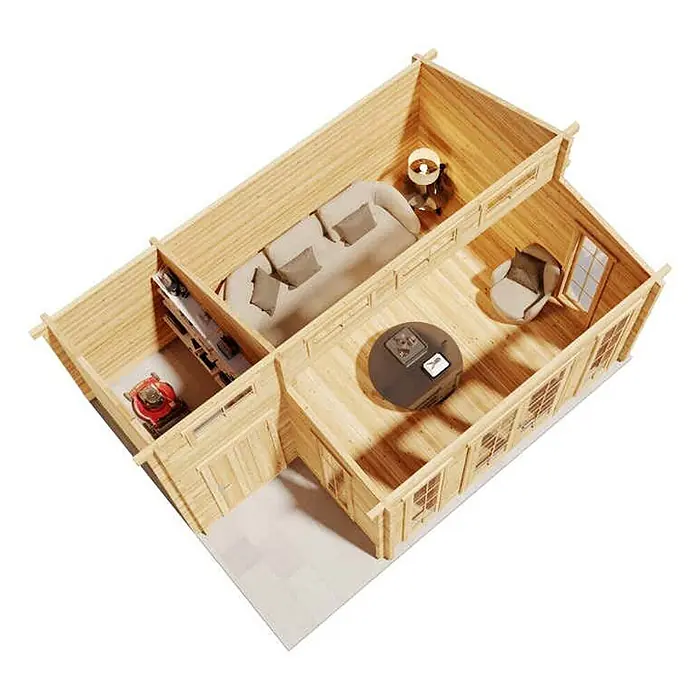 Alpholz Gartenhaus Lausitz 70mm Wandstärke - Außenmaß inkl. Dachüberstand (B x T): 590 x 440 cm, Holz, Naturbelassen - Draufsicht auf ein helles Gartenhaus aus Holz mit Wohnbereich und integriertem Geräteschuppen.