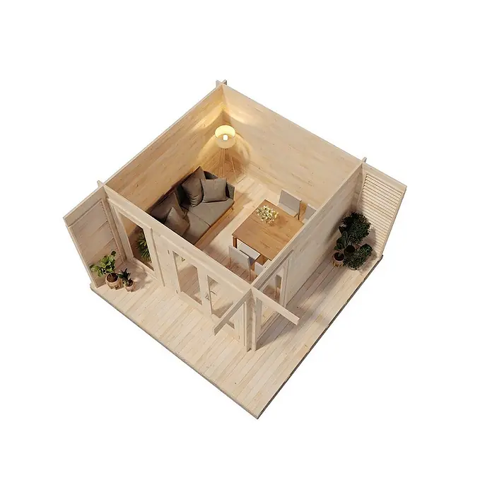 Alpholz Gartenhaus Cube - Außenmaß inkl. Dachüberstand (B x T): 400 x 400 cm, Holz, Naturbelassen - Heller Holzhaus-Innenraum, eingerichtet mit Sofa, Esstisch, Stühlen und Topfpflanzen, für einen gemütlichen Wohnbereich.