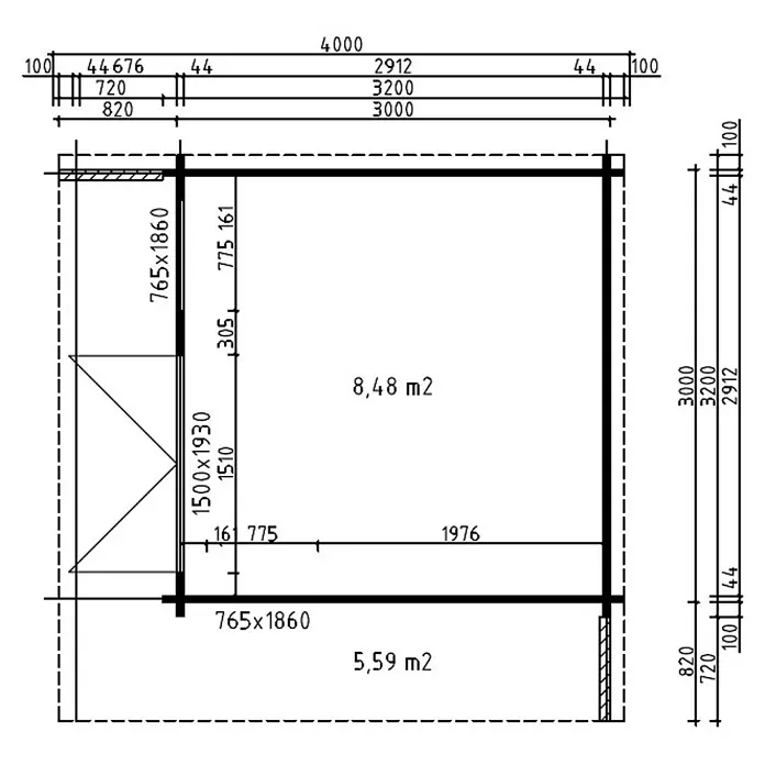 Alpholz Gartenhaus Cube - Außenmaß inkl. Dachüberstand (B x T): 400 x 400 cm, Holz, Naturbelassen - Detaillierter Grundriss eines kleinen Gebäudes mit zwei Räumen (8,48 m², 5,59 m²), Türen, Fenstern und Gesamtmaßen.