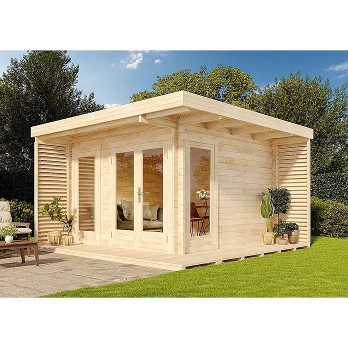 Alpholz Gartenhaus Cube - Außenmaß inkl. Dachüberstand (B x T): 400 x 400 cm, Holz, Naturbelassen - Helle Holzgartenhütte mit Flachdach, großen Glastüren und kleiner Terrasse.