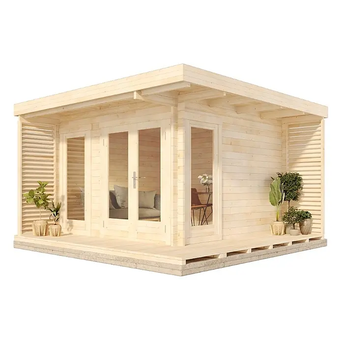 Alpholz Gartenhaus Cube - Außenmaß inkl. Dachüberstand (B x T): 400 x 400 cm, Holz, Naturbelassen - Helles Gartenhaus aus Holz mit Glastüren, Lamellenwänden und Flachdach, auf erhöhter Terrasse.