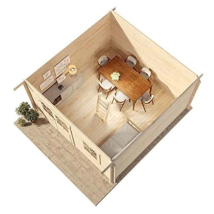 Alpholz Gartenhaus Schwedenhaus - Außenmaß inkl. Dachüberstand (B x T): 462 x 472 cm, Holz, Naturbelassen - Holzhütten-Innenansicht von oben: Essbereich, Schreibtisch, Bett und Außenterrasse.