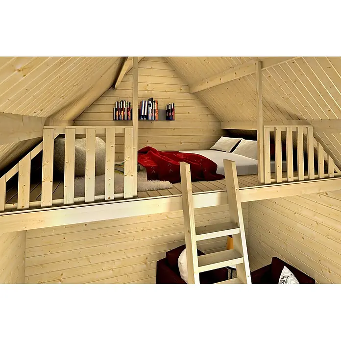 Alpholz Gartenhaus Schwedenhaus - Außenmaß inkl. Dachüberstand (B x T): 462 x 472 cm, Holz, Naturbelassen - Gemütliches Dachboden-Loft aus hellem Holz mit Bett, roter Decke, Sitzsack und Bücherregalen. Eine Holzleiter führt zu diesem rustikalen Schlaf- und Lesebereich.