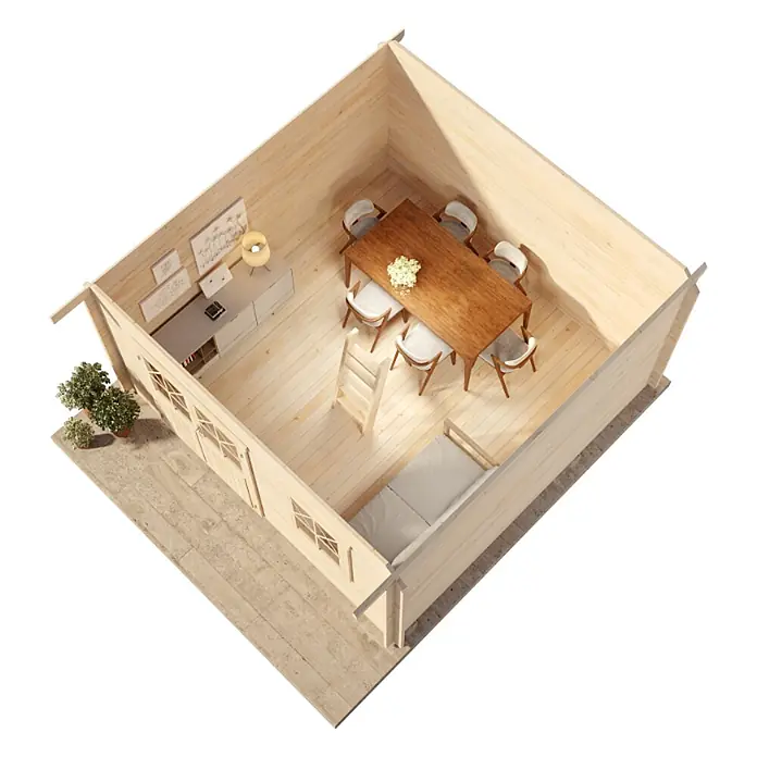 Alpholz Gartenhaus Schwedenhaus - Außenmaß inkl. Dachüberstand (B x T): 462 x 472 cm, Holz, Naturbelassen - Draufsicht auf ein helles Holzhütten-Interieur mit Esstisch, Stühlen, Schreibtisch und Bett; zeigt vielseitige Raumaufteilung.