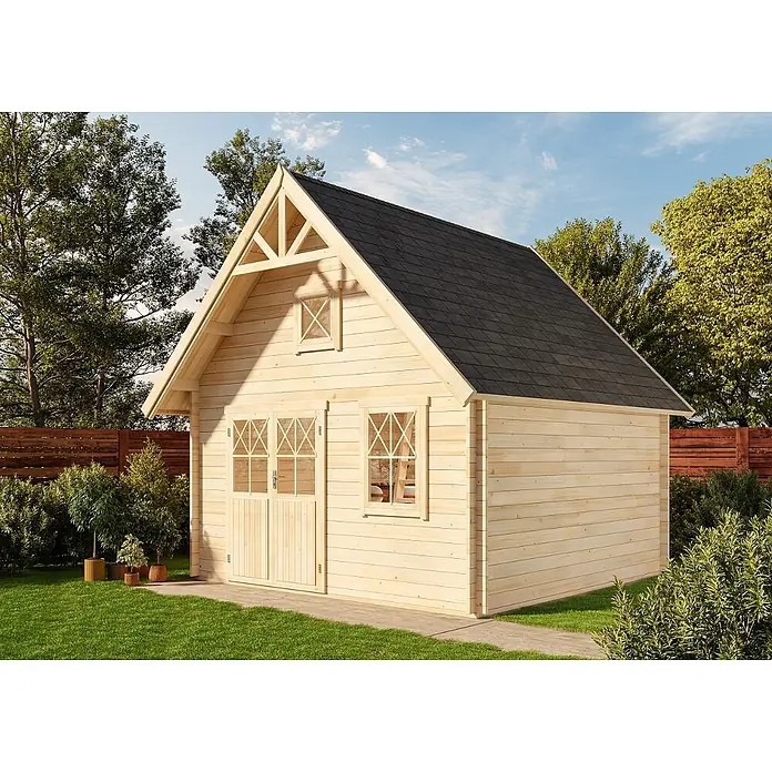 Alpholz Gartenhaus Schwedenhaus - Außenmaß inkl. Dachüberstand (B x T): 462 x 472 cm, Holz, Naturbelassen - Helles Holzgartenhaus mit dunklem Schindeldach, Fenstern und Doppeltüren.