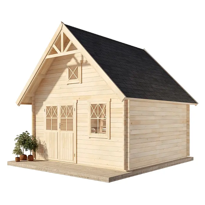 Alpholz Gartenhaus Schwedenhaus - Außenmaß inkl. Dachüberstand (B x T): 462 x 472 cm, Holz, Naturbelassen - Helle Holzhütte mit dunklem Schindeldach, Doppeltüren und Fenstern, auf heller Terrasse stehend.