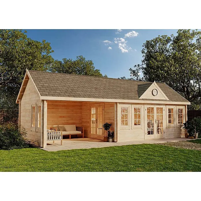 Alpholz Gartenhaus CLOCKHOUSE® Big Ben - Außenmaß inkl. Dachüberstand (B x T): 950 x 420 cm, Holz, Naturbelassen - Helle Gartenhütte aus Holz mit überdachter Terrasse, großen Fenstern und dunklem Ziegeldach.