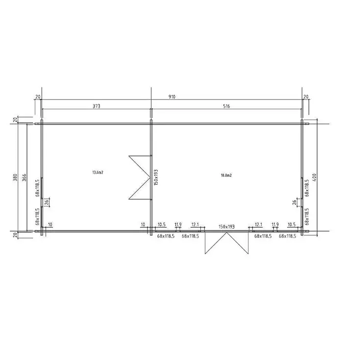 Alpholz Gartenhaus CLOCKHOUSE® Big Ben - Außenmaß inkl. Dachüberstand (B x T): 950 x 420 cm, Holz, Naturbelassen - Detaillierter Grundriss mit Gebäudeaufteilung, zwei Räumen, Maßen und Flächen von 13,6m² und 18,8m².