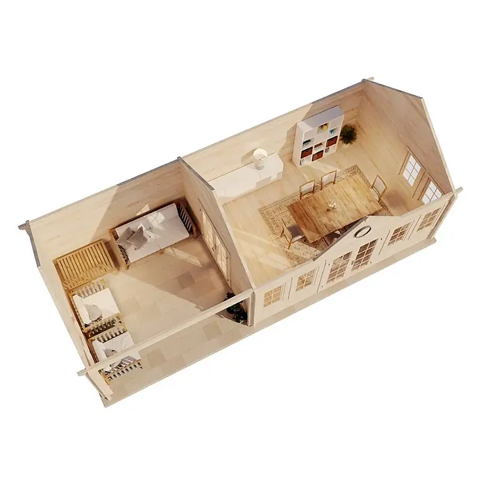 Alpholz Gartenhaus CLOCKHOUSE® Big Ben - Außenmaß inkl. Dachüberstand (B x T): 950 x 420 cm, Holz, Naturbelassen - Geräumiger Holzhütten-Innenraum mit offenem Wohn-, Ess- und Schlafbereich, ausgestattet mit Naturholzmöbeln.