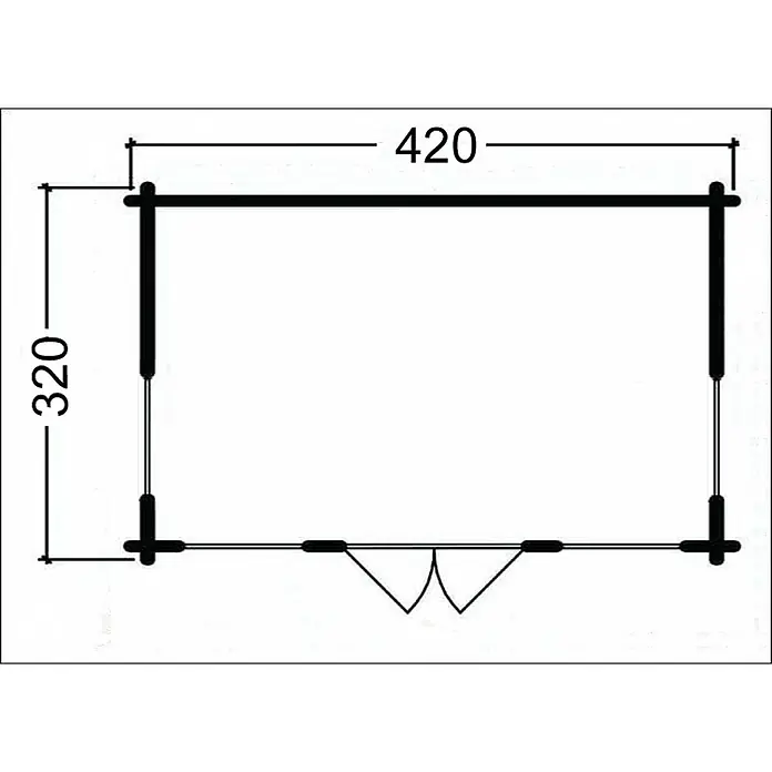 Alpholz Gartenhaus CLOCKHOUSE® Royal - Außenmaß inkl. Dachüberstand (B x T): 444 x 354 cm, Holz, Naturbelassen - Rechteckiger Grundriss eines kompakten Gebäudes, der die Maße 420x320 und einen Eingang mit Doppeltür zeigt.