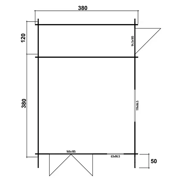 Alpholz Gartenhaus Jennifer - Außenmaß inkl. Dachüberstand (B x T): 400 x 550 cm, Holz, Pinie - Grundriss einer rechteckigen Hütte mit Gesamtmaßen und Positionen für Tür- und Fensteröffnungen.