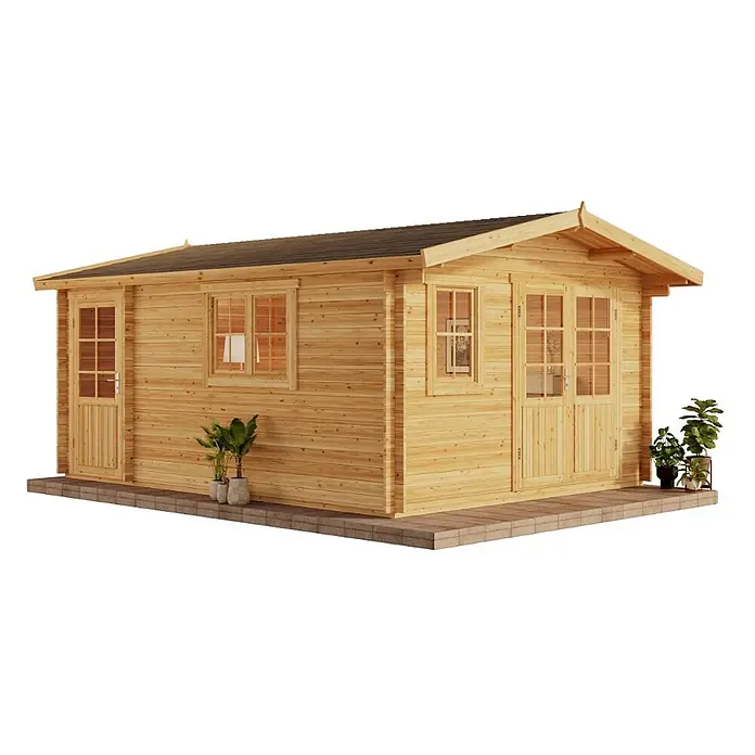 Alpholz Gartenhaus Jennifer - Außenmaß inkl. Dachüberstand (B x T): 400 x 550 cm, Holz, Pinie - Helle Holzblockhütte mit dunklem Dach, mehreren Fenstern und Türen, auf gepflastertem Sockel.