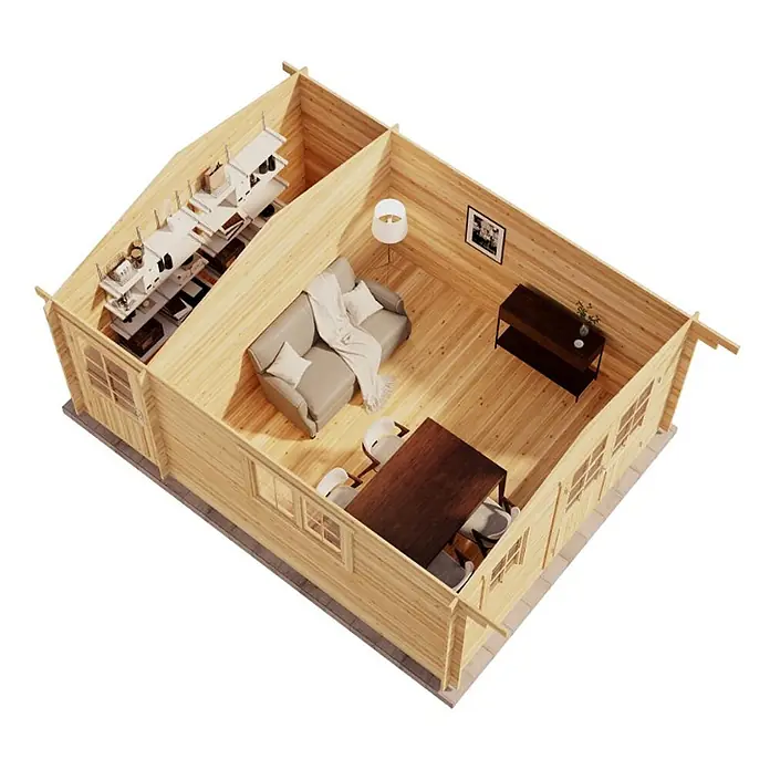 Alpholz Gartenhaus Jennifer - Außenmaß inkl. Dachüberstand (B x T): 400 x 550 cm, Holz, Pinie - Luftaufnahme eines hellen Holzblockhaus-Interieurs mit Wohn- und Essbereichen, Sofa, Esstisch und Regalen in einem separaten Bereich.