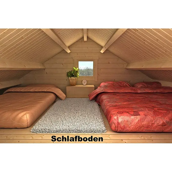 Alpholz Gartenhaus Lillehammer - Außenmaß inkl. Dachüberstand (B x T): 553 x 746 cm, Holz, Naturbelassen - Gemütlicher Schlafboden aus Holz mit zwei Betten, flauschigem Teppich und einem kleinen Fenster.