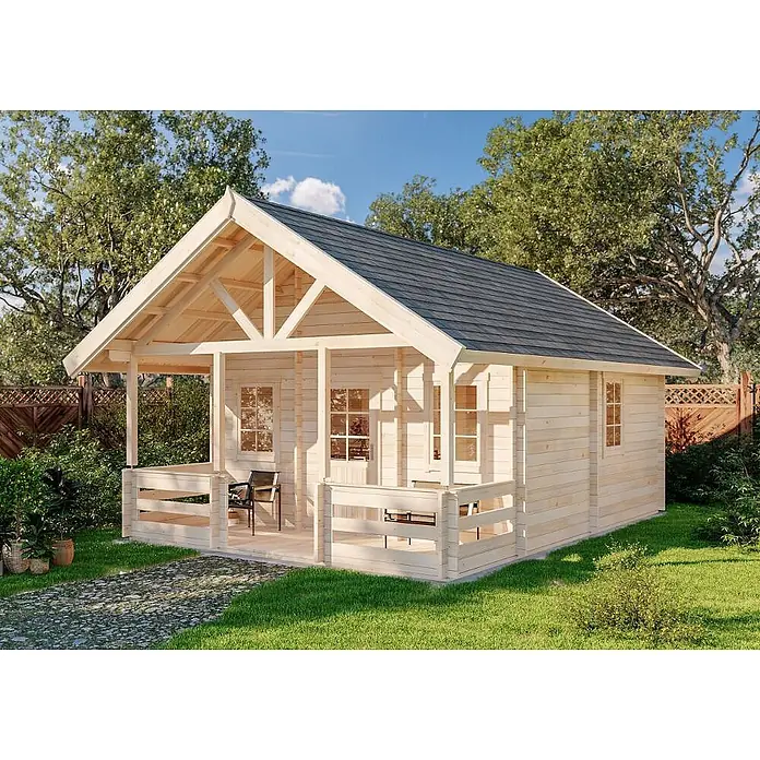 Alpholz Gartenhaus Lillehammer - Außenmaß inkl. Dachüberstand (B x T): 553 x 746 cm, Holz, Naturbelassen - Helle Holzgartenhütte mit dunklem Dach und Veranda, in einem sonnigen Garten.