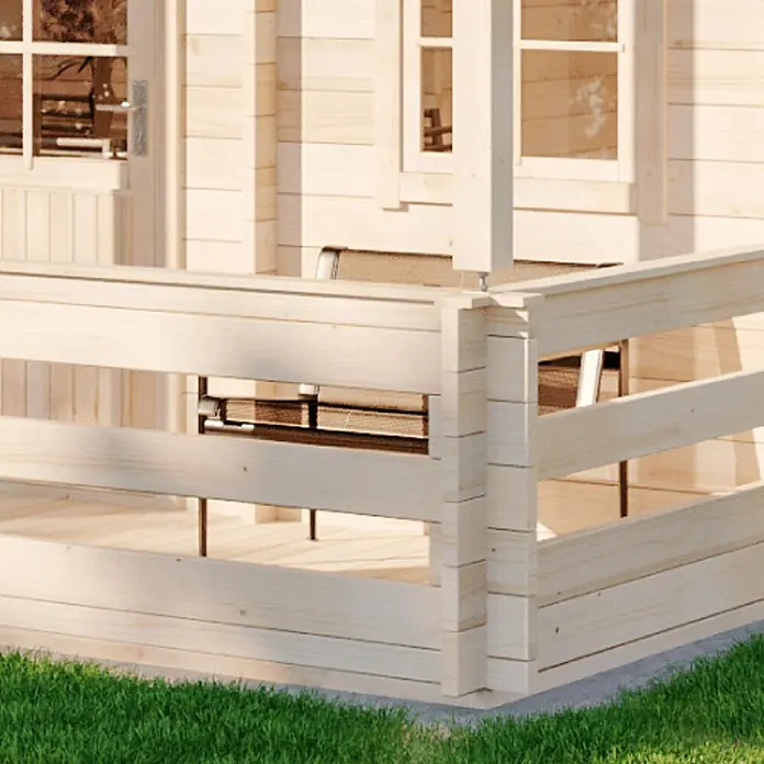 Alpholz Gartenhaus Lillehammer - Außenmaß inkl. Dachüberstand (B x T): 553 x 746 cm, Holz, Naturbelassen - Helle Holzveranda einer Hütte mit stabiler Holzbrüstung.