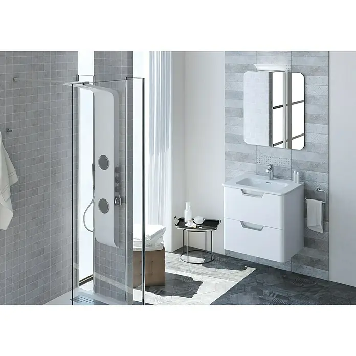 Beauty Einbauwaschbecken - 61 x 46 cm, Weiß - Ein modernes Badezimmer mit einer Duschkabine, einem Waschbeckenunterschrank mit Schubladen und einem Spiegel. Die Fliesen sind in Grau gehalten.