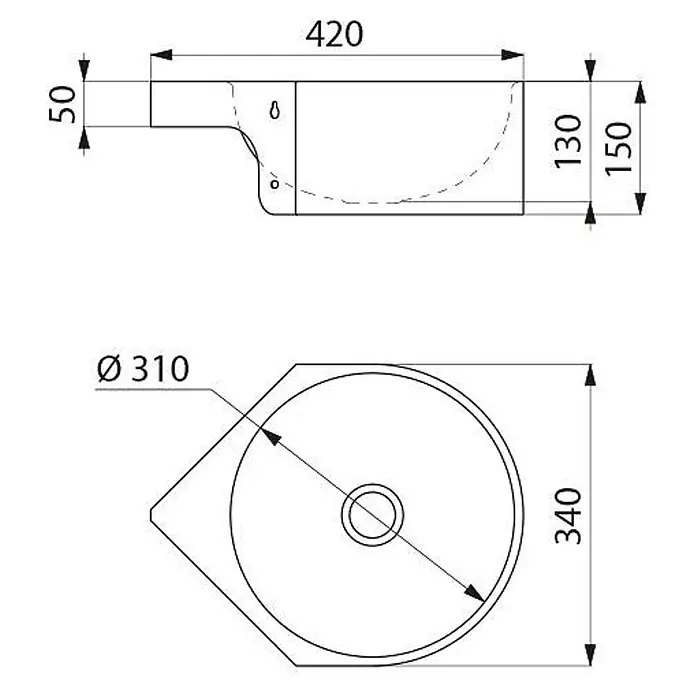 Delabie Waschbecken Delabie - B x L: 40,5 x 40,5 cm, Hahnloch: Ohne, Ohne Überlauf - Technische Zeichnung eines weißen Keramik-Eckwaschbeckens mit Maßen 420mm Breite, 340mm Tiefe und 150mm Höhe.