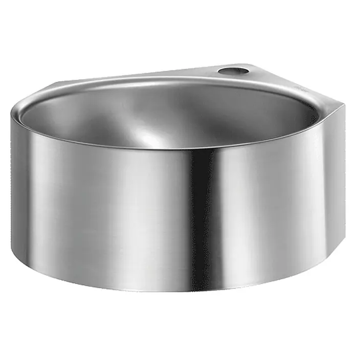 Delabie Eckwaschbecken Delabie WT MINIMAL Hahnloch D35 mittig o. Überlauf Edst. 1.4301 sat. - 40,5 x 40,5 cm, Hahnloch: Mitte, Ohne Überlauf - Edelstahl-Eckspüle mit polierter Oberfläche.