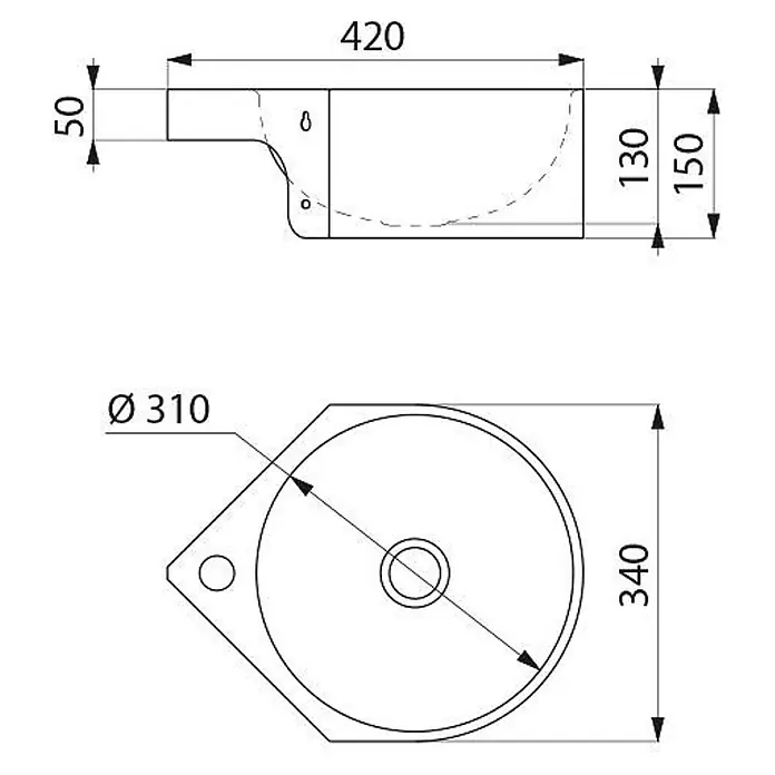Delabie Eckwaschbecken Delabie WT MINIMAL Hahnloch D35 mittig o. Überlauf Edst. 1.4301 sat. - 40,5 x 40,5 cm, Hahnloch: Mitte, Ohne Überlauf - Technische Zeichnung eines kompakten Eckwaschbeckens mit Maßen: 420x340 mm, Beckendurchmesser 310 mm.