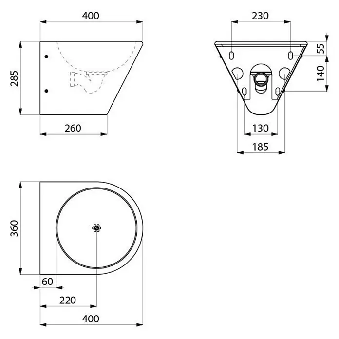 Delabie Waschbecken Delabie WT BOB HD wandh. ohne Hahnloch Edst. 1.4301 satiniert - B x L: 41 x 41 cm, Hahnloch: Ohne, Ohne Überlauf - Technische Zeichnung eines Eckwaschbeckens mit Maßen in Vorder-, Seiten- und Draufsicht.