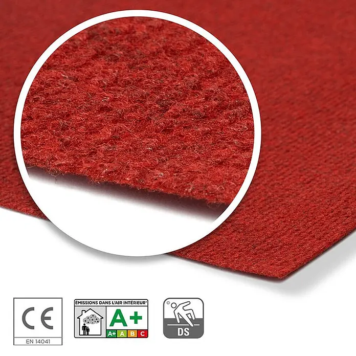 Floordirekt Teppichboden Meterware Sintra - für Messe & Events - Rot meliert - 100 x 400 cm - Breite: 100 cm, Flachgewebe, Polypropylen, Rot meliert - Roter strukturierter Textilteppich mit rutschfester Oberfläche, Detailaufnahme.
