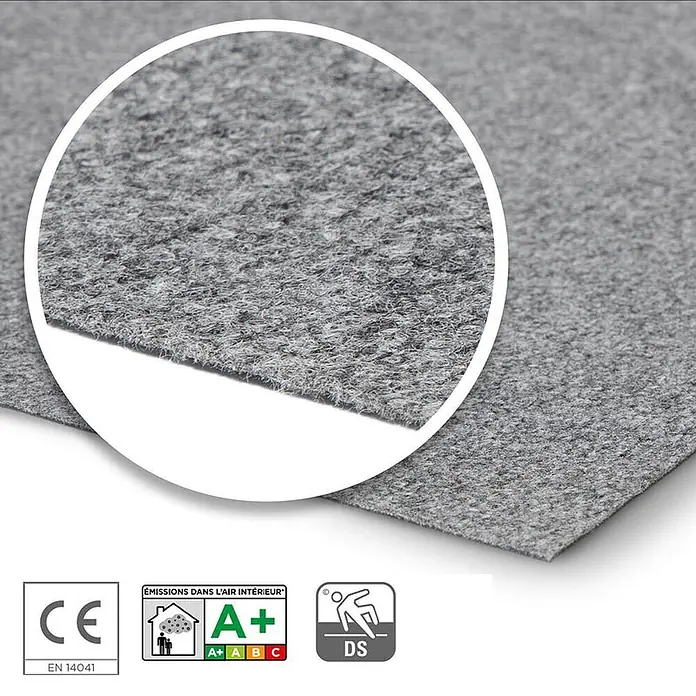Floordirekt Teppichboden Meterware Sintra - für Messe & Events - Grau meliert - 100 x 350 cm - Breite: 100 cm, Flachgewebe, Polypropylen, Grau meliert - Graues, filzartiges Material, eventuell Teppich oder Unterlage, mit Texturdetails und Qualitätssiegeln.