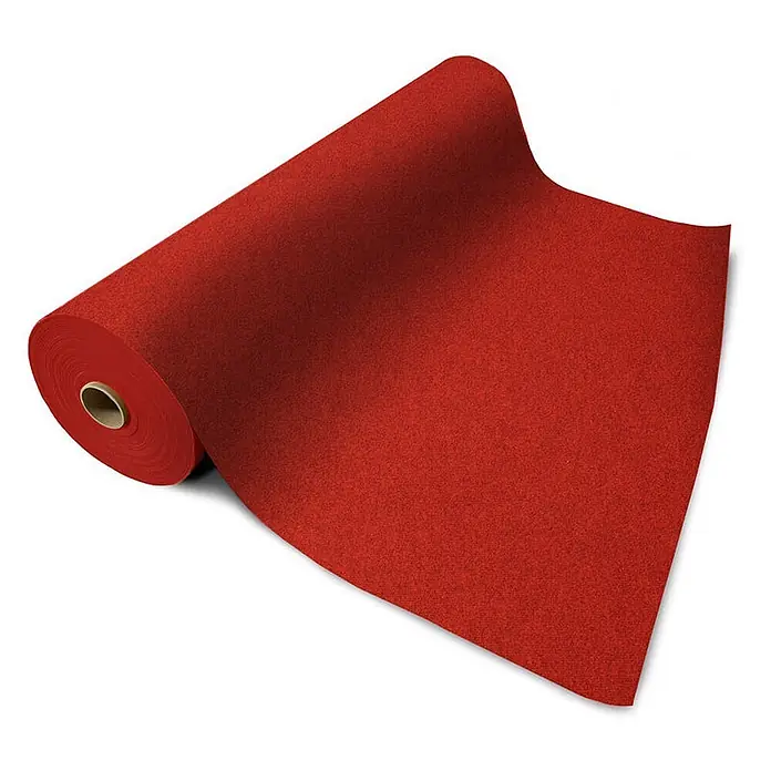 Floordirekt Teppichboden Meterware Sintra - für Messe & Events - Rot meliert - 100 x 400 cm - Breite: 100 cm, Flachgewebe, Polypropylen, Rot meliert - Eine Rolle roter Filzteppich, teilweise ausgerollt, die ihre Textur zeigt.