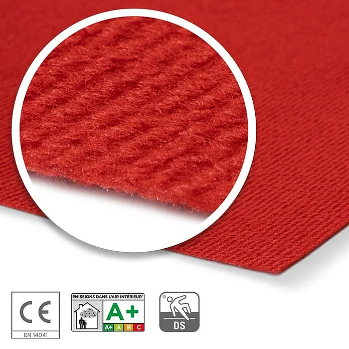 Floordirekt Teppichboden Meterware Sintra - für Messe & Events - Rot - 100 x 150 cm - Breite: 100 cm, Flachgewebe, Polypropylen, Rot - Roter Teppichmuster mit strukturierter Oberfläche und vergrößertem Detail der Faserstruktur.