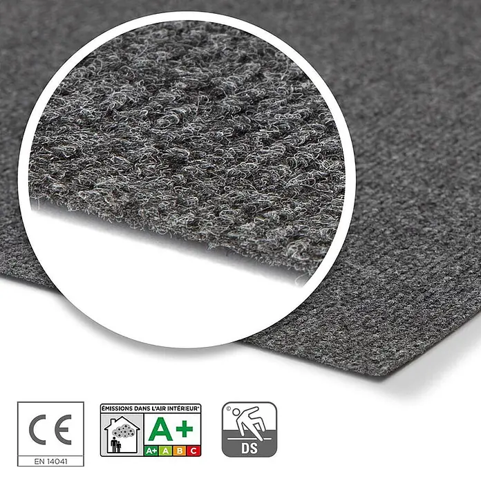 Floordirekt Teppichboden Meterware Sintra - für Messe & Events - Dunkelgrau - 100 x 100 cm - Breite: 100 cm, Flachgewebe, Polypropylen, Dunkelgrau - Dunkelgrauer Teppich oder Matte mit Textur und einer vergrößerten Ansicht der robusten Schlingenoberfläche.
